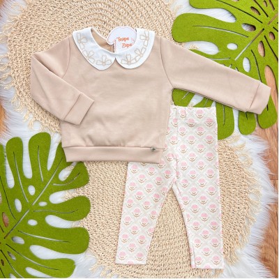 Conj. Casaco com Gola de Flores e Calça Legging - Areia